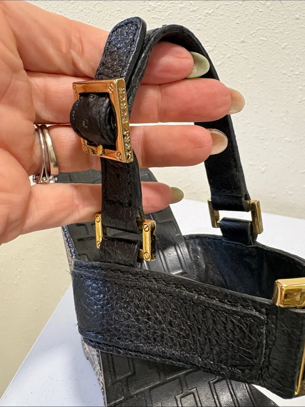 Tory Burch Black and Tan Snake-Print Platform Wedge Sandals with Gold Buckles